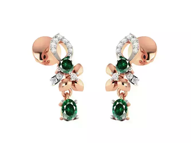 Rose Gold Floral Design Drop Earrings With Emerald