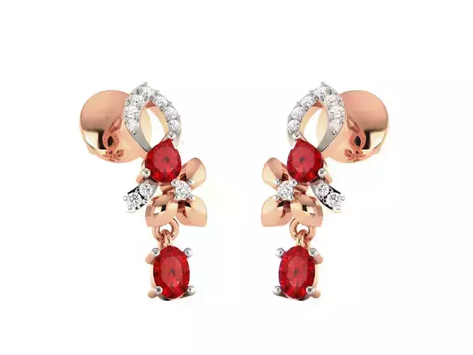 Rose Gold Floral Drop Earrings With Ruby