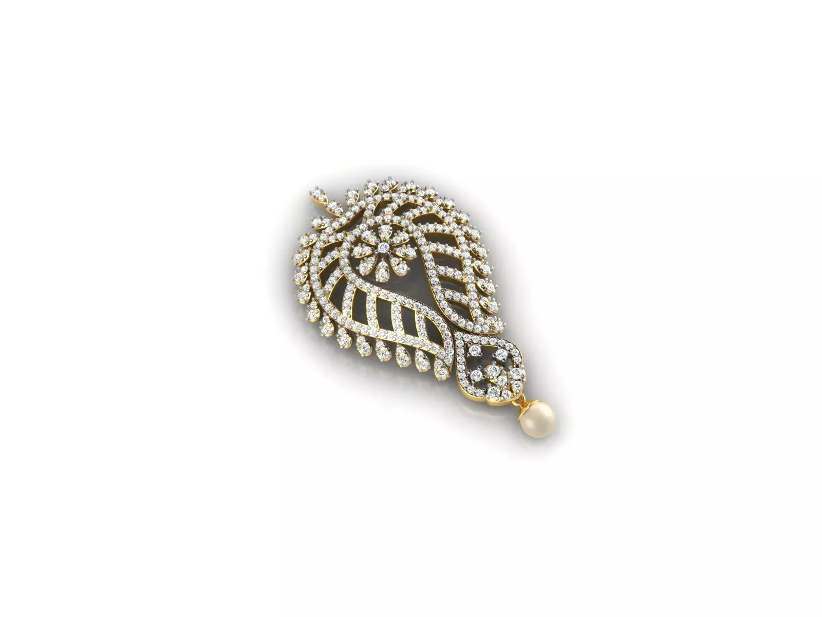 Leaf Shaped Pendant With Diamonds and Pearl 3D print model_0