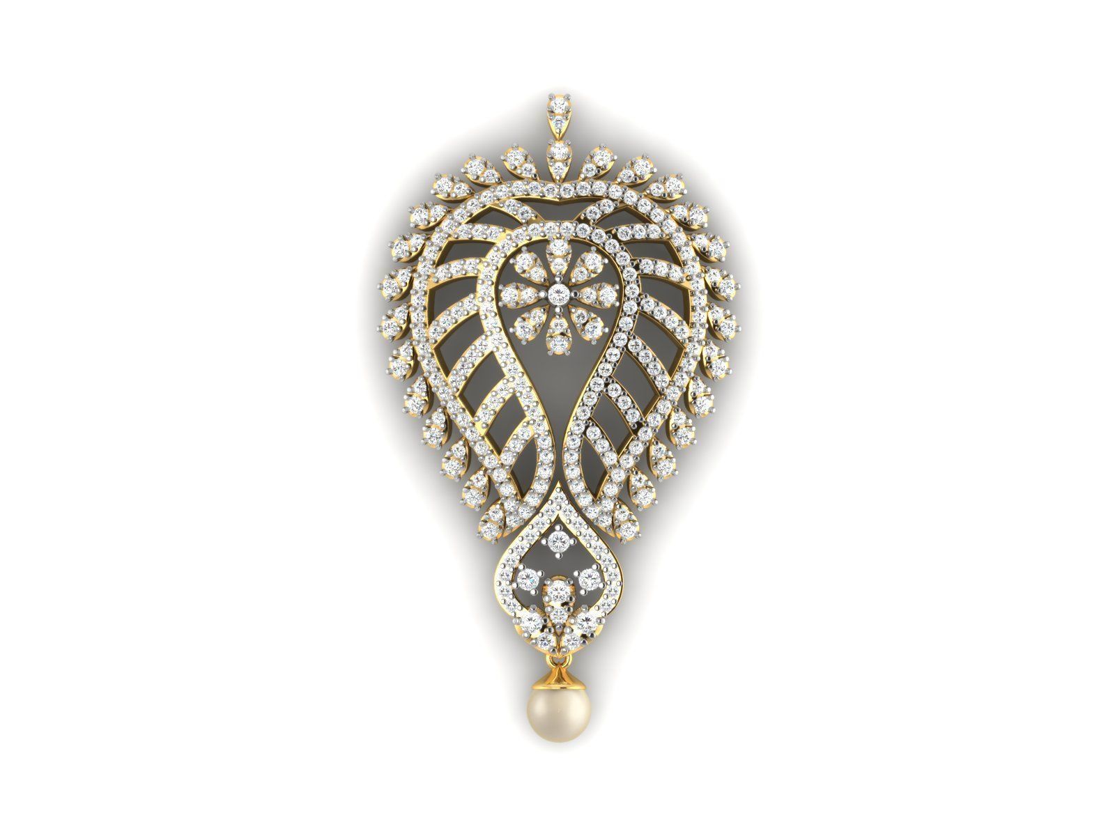 Leaf Shaped Pendant With Diamonds and Pearl 3D print model_2