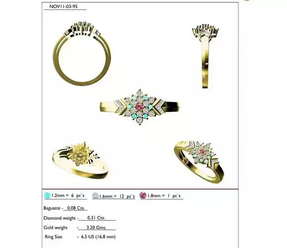Flower Shape Gold Ring With Multicolor Gemstones 3