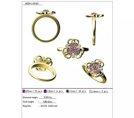 Flower Shape Gold Ring With Multicolor Gemstones 4