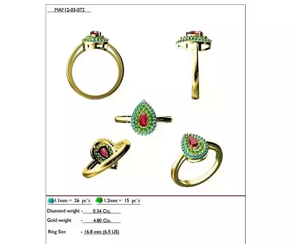 Drop Shape Gold Ring With Gemstones 1 3D print model