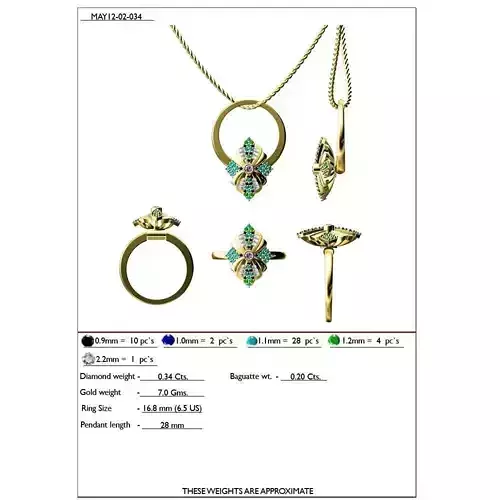 Rhombus Shaped Gold Pendant and Ring With Gemstones 1 3D print model