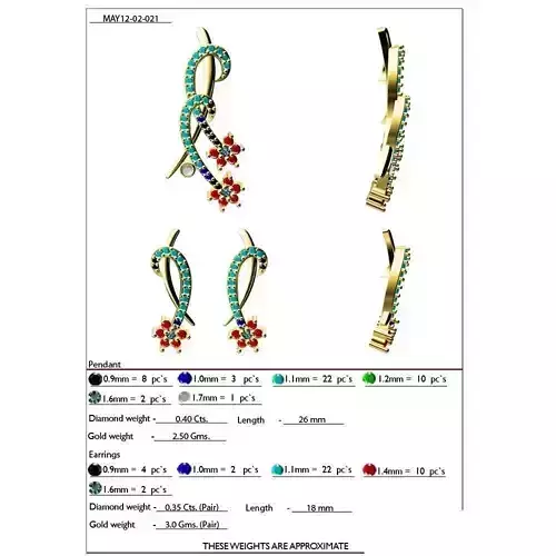 Floral Pendant and Earrings With Multicolor Gemstones