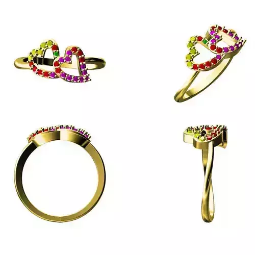 Heart Shape Gold Ring With Multicolor Gemstone 3D print model