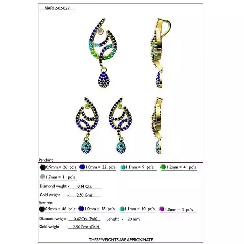 Drop Shaped Pendant and Earrings With Gemstones 2