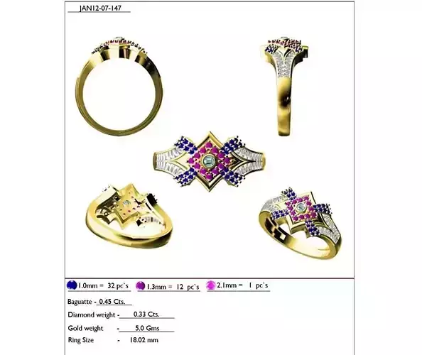 Rhombus Shaped Gold Ring With Gemstones 2