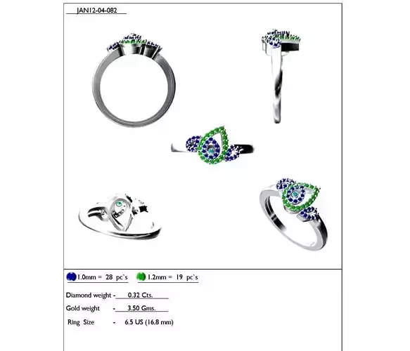 Drop Shaped Silver Ring With Gemstones 3D print model