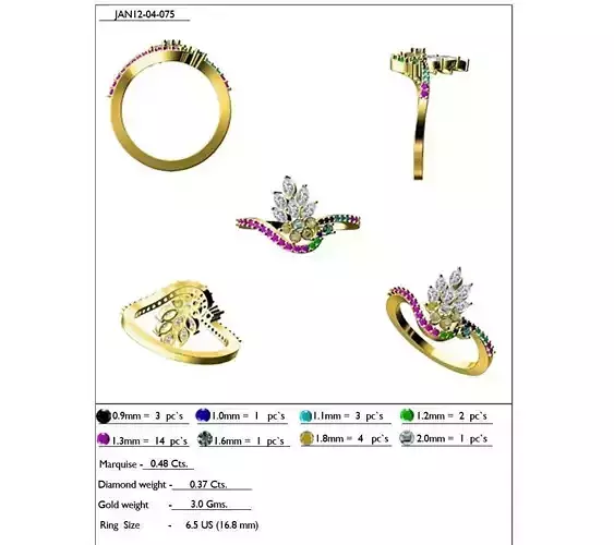 Floral Design Gold Ring With Gemstones 4 3D print model