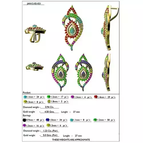 Pear Shaped Pendant and Earrings With Gemstones