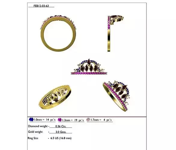 Crown Shape Gold Ring With Gemstones 3D print model