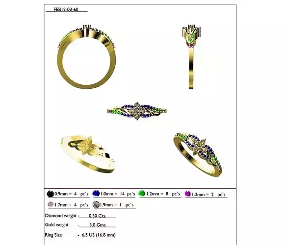 Floral Design Gold Ring With Gemstones 13 3D print model