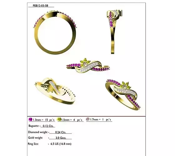 Floral Design Gold Ring With Gemstones 14 3D print model