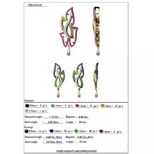 Floral Design Pendant And Earrings With Gemstones 