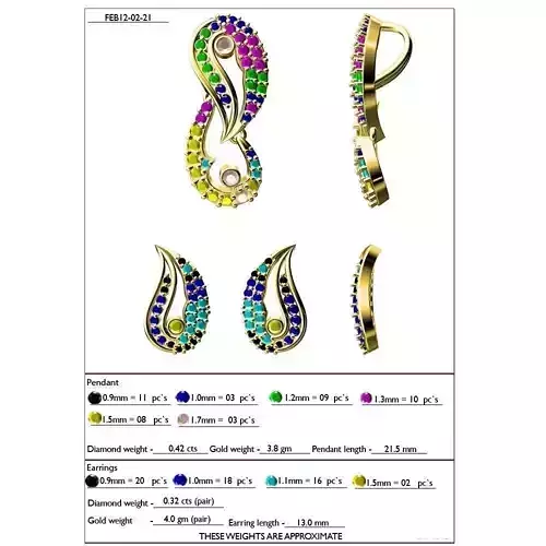 Mango Shaped Pendant And Earrings With Gemstones 