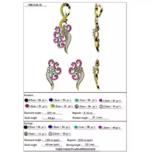 Floral Design Pendant And Earrings With Gemstones  2