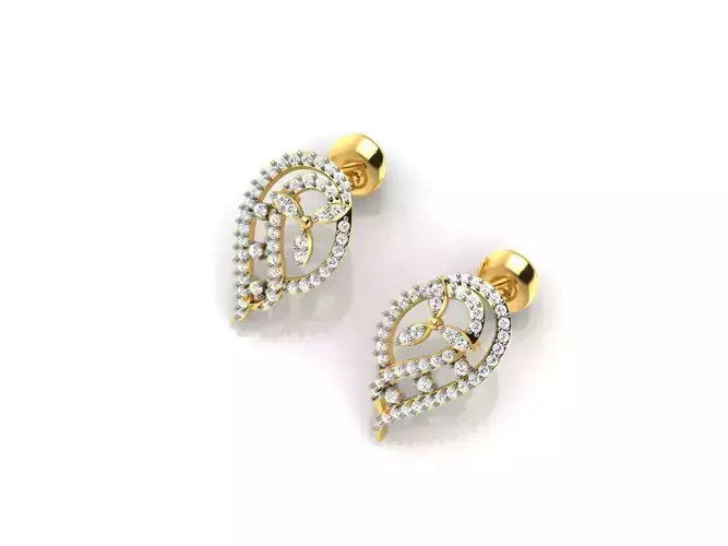 Leaf Shaped Gold Earrings With Diamonds 3