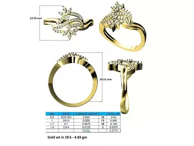 Floral Design Gold Ring With Diamonds 44 3D print model