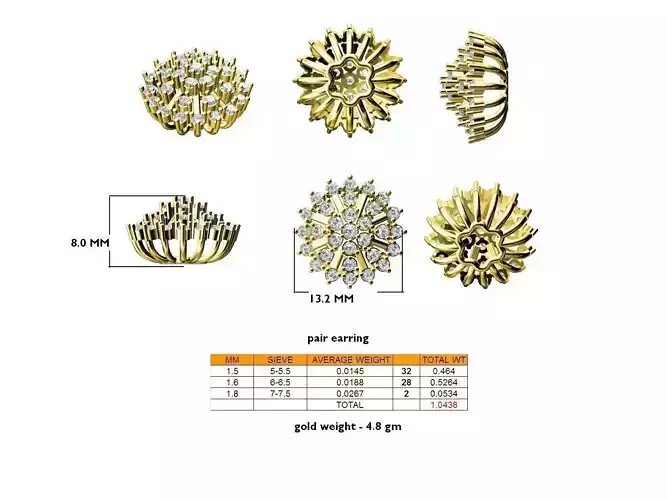 Flower Shaped Gold Ear Studs With Diamonds 7