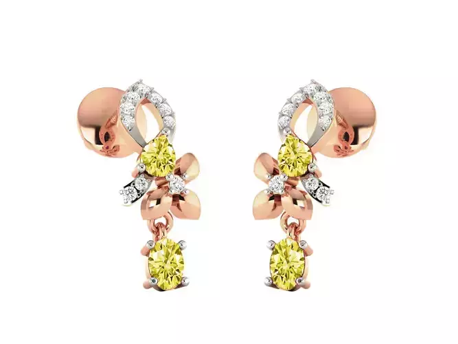 Rose Gold Floral Drop Earrings With Gem