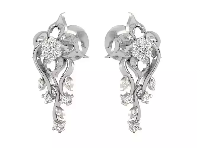 Silver Floral Drop Earrings With Diamonds