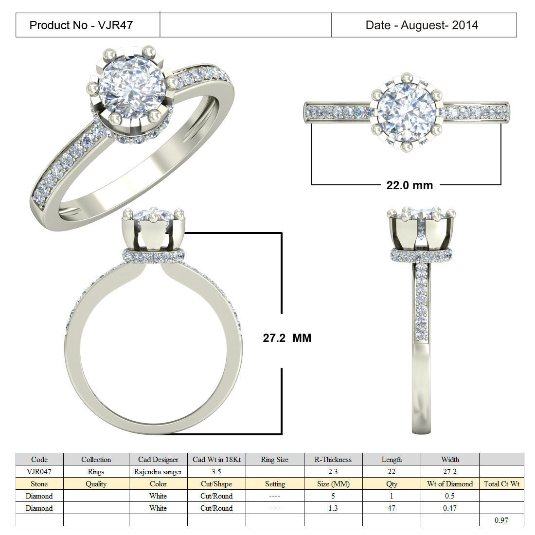 Silver Side Stone Ring With Diamonds 11 3D print model_4