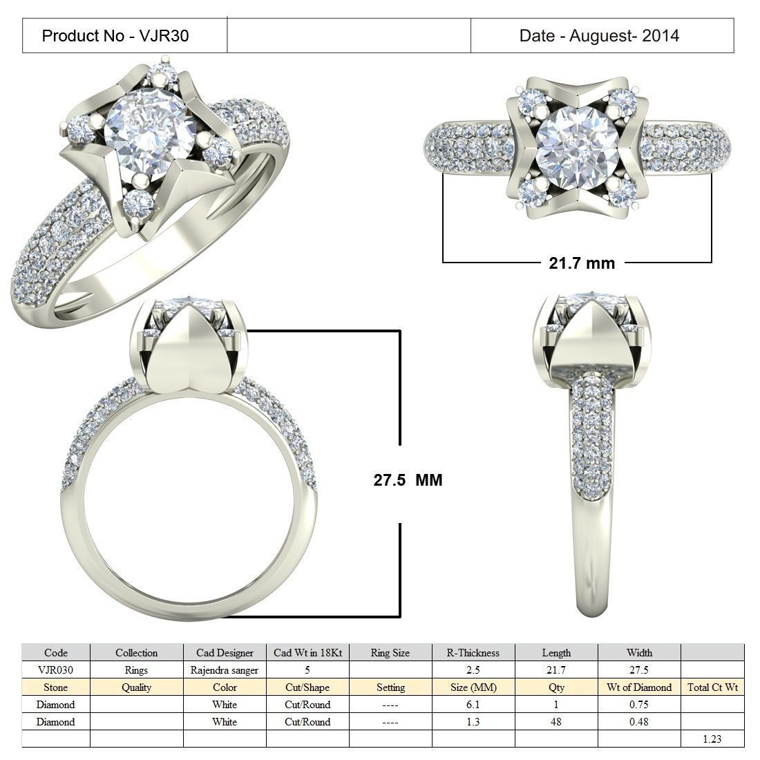 Flower Shaped Side Stone Ring With Diamonds 4 3D print model_4