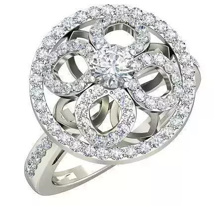 Round Floral Design Silver Ring With Diamonds 3D print model