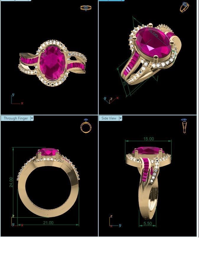 Gold Ring With Diamonds and Gem 3D print model_4