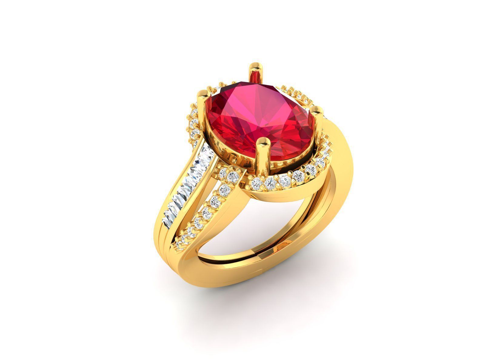 Gold Ring With Diamonds and Gem 3D print model_3