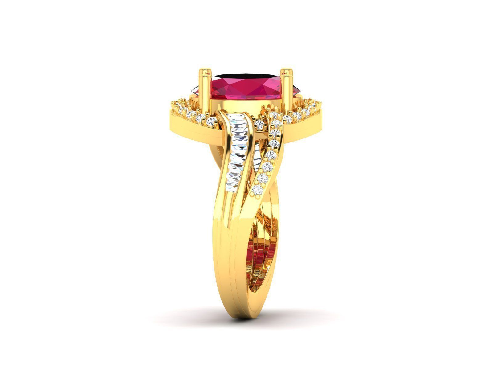 Gold Ring With Diamonds and Gem 3D print model_2