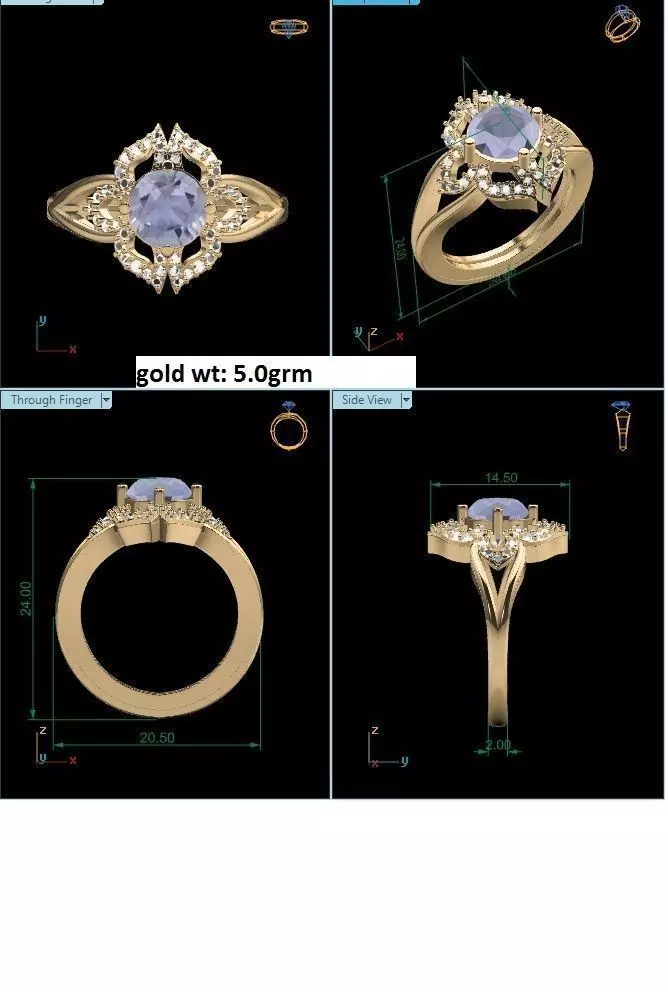 Gold Ring With Diamonds and Gem 1 3D print model_0