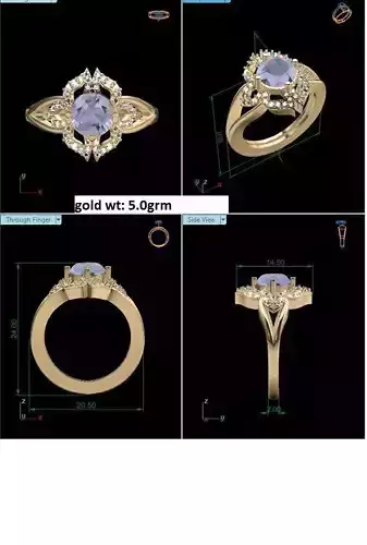 Gold Ring With Diamonds and Gem 1 3D print model