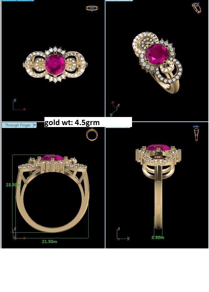 Gold Ring With Diamonds and Gem 2 3D print model_2