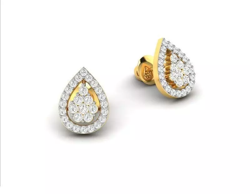 Drop Shaped Gold Ear Studs With Diamonds 1 3D print model_0