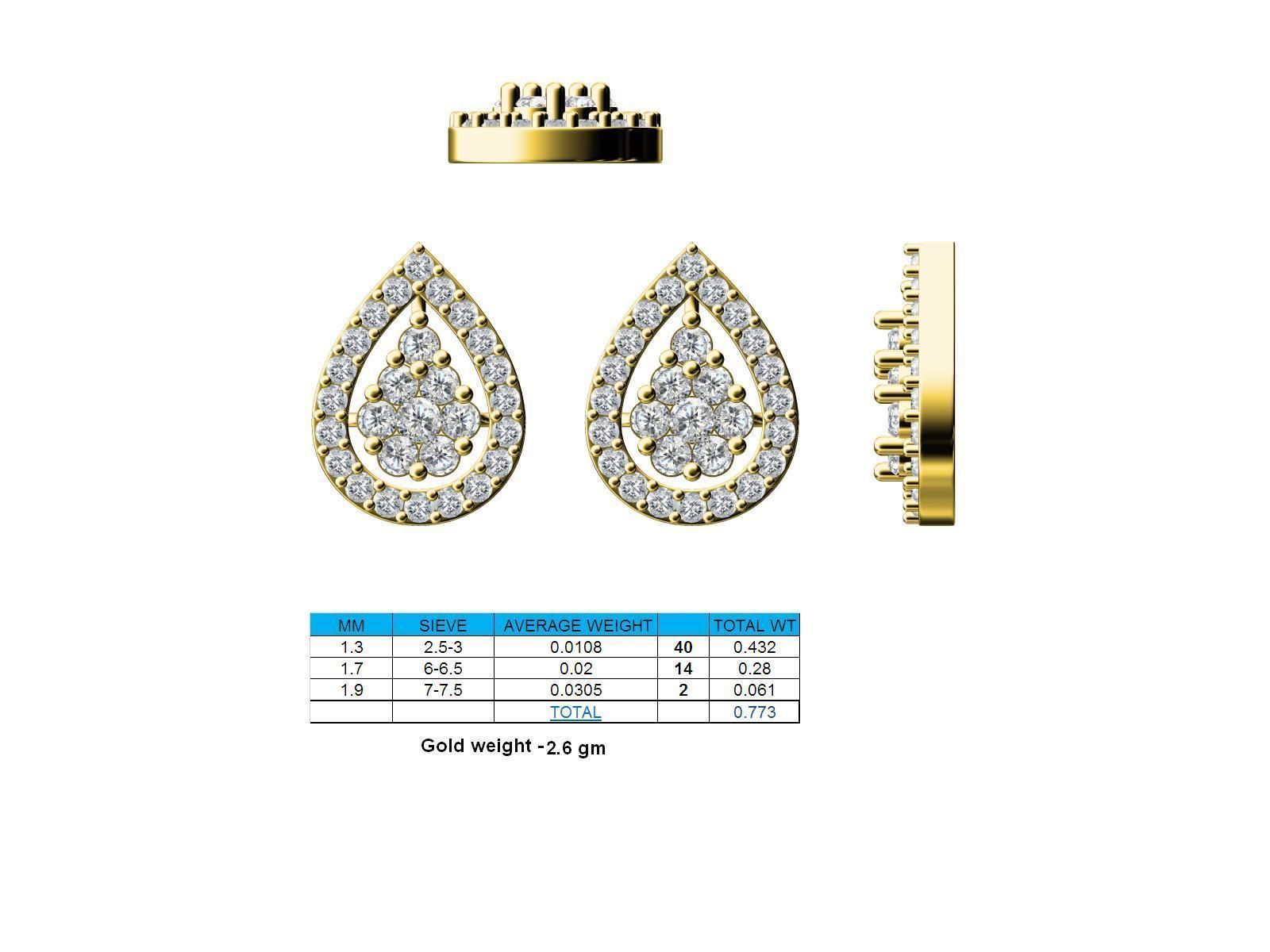 Drop Shaped Gold Ear Studs With Diamonds 1 3D print model_1
