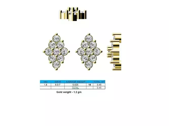 Rhombus Shaped Gold Ear Studs With Diamonds