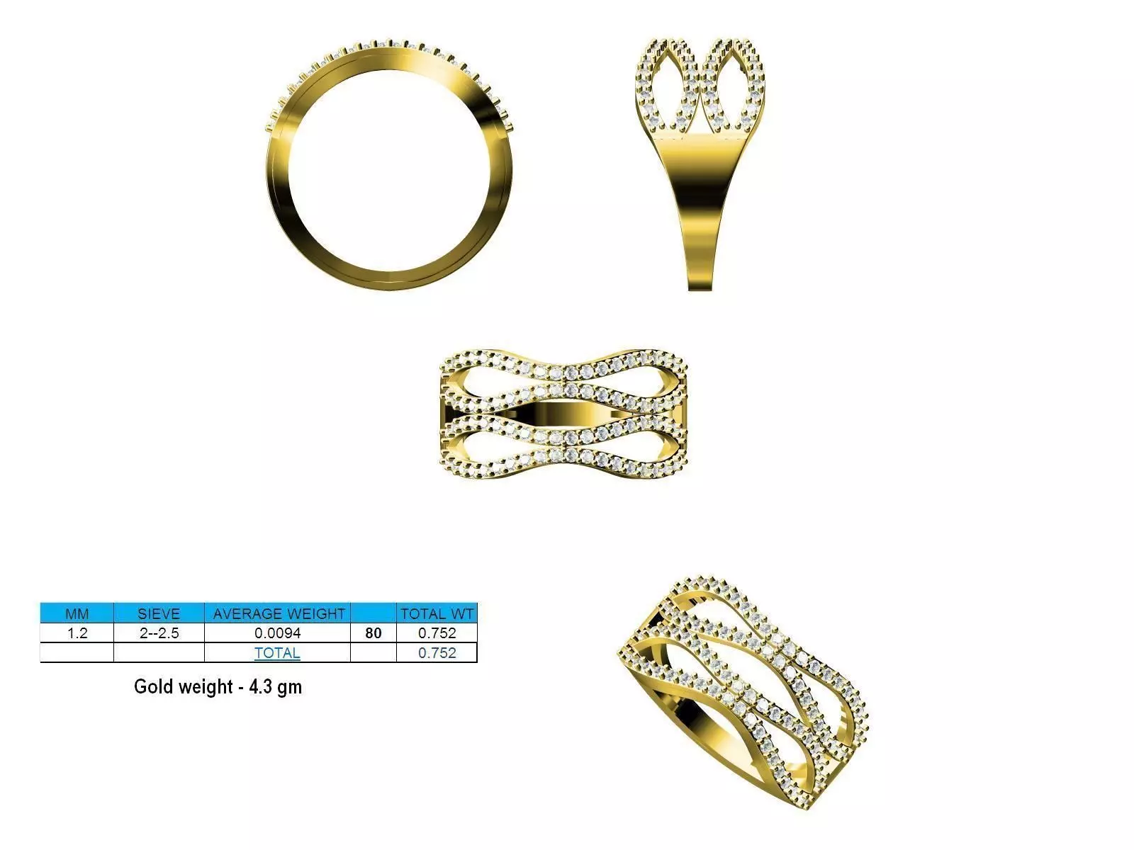 Swirled Gold Ring With Diamonds 3 3D print model