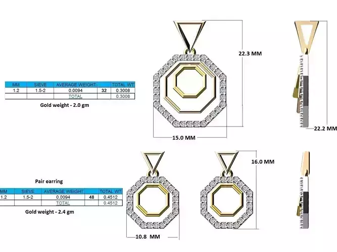 Octagon Shaped Pendant and Earrings With Diamonds 1