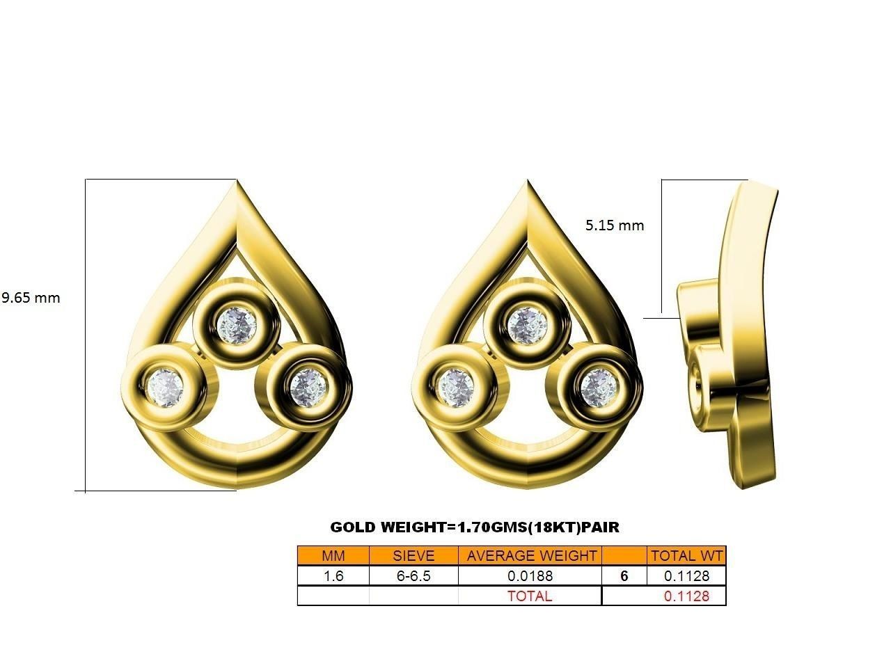 Drop Shaped Gold Ear Studs With Diamonds 2 3D print model_3