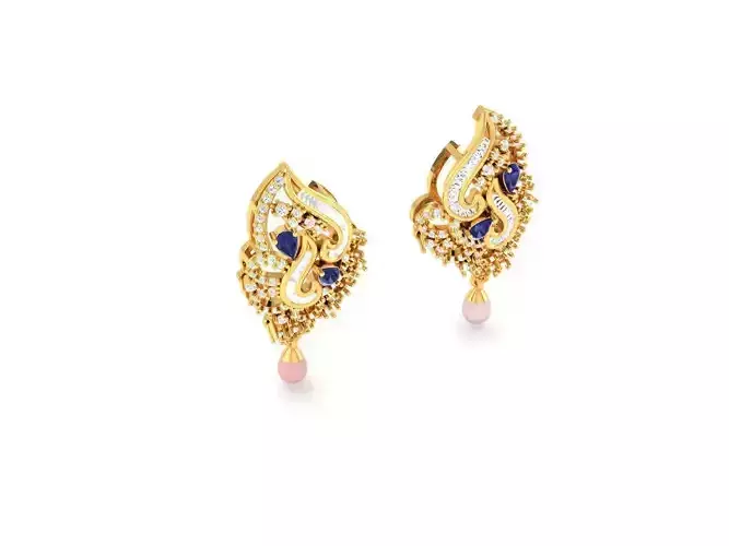 Gold Drop Earrings With Sapphire and Pearl