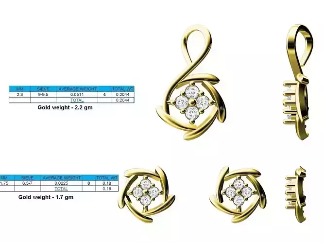 Flower Shaped Pendant and Ear Studs With Diamonds