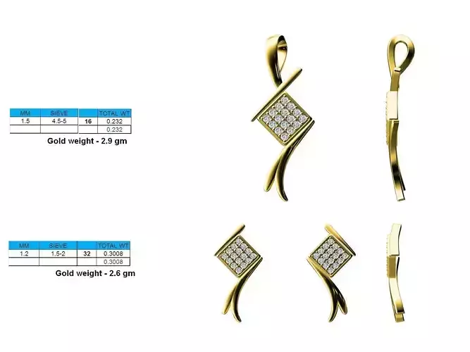 Square Shaped Pendant and Ear Studs With Diamonds