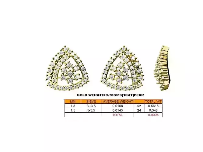 Triangle Shaped Gold Ear Studs With Diamonds