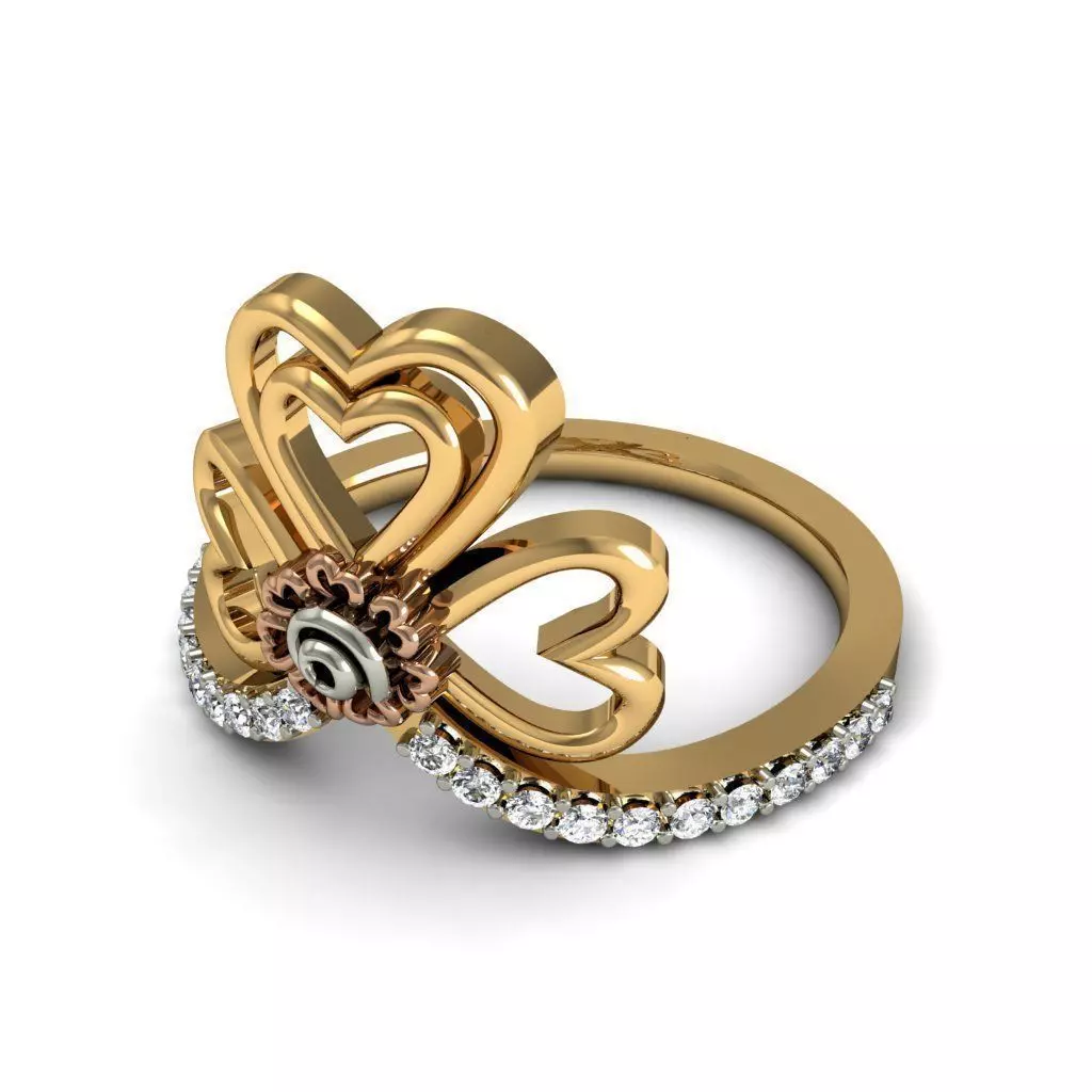 Heart Shaped Bent Ring With Diamonds 3D print model