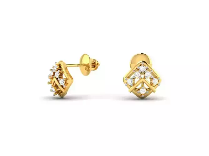 Square Shaped Gold Ear Studs With Diamonds
