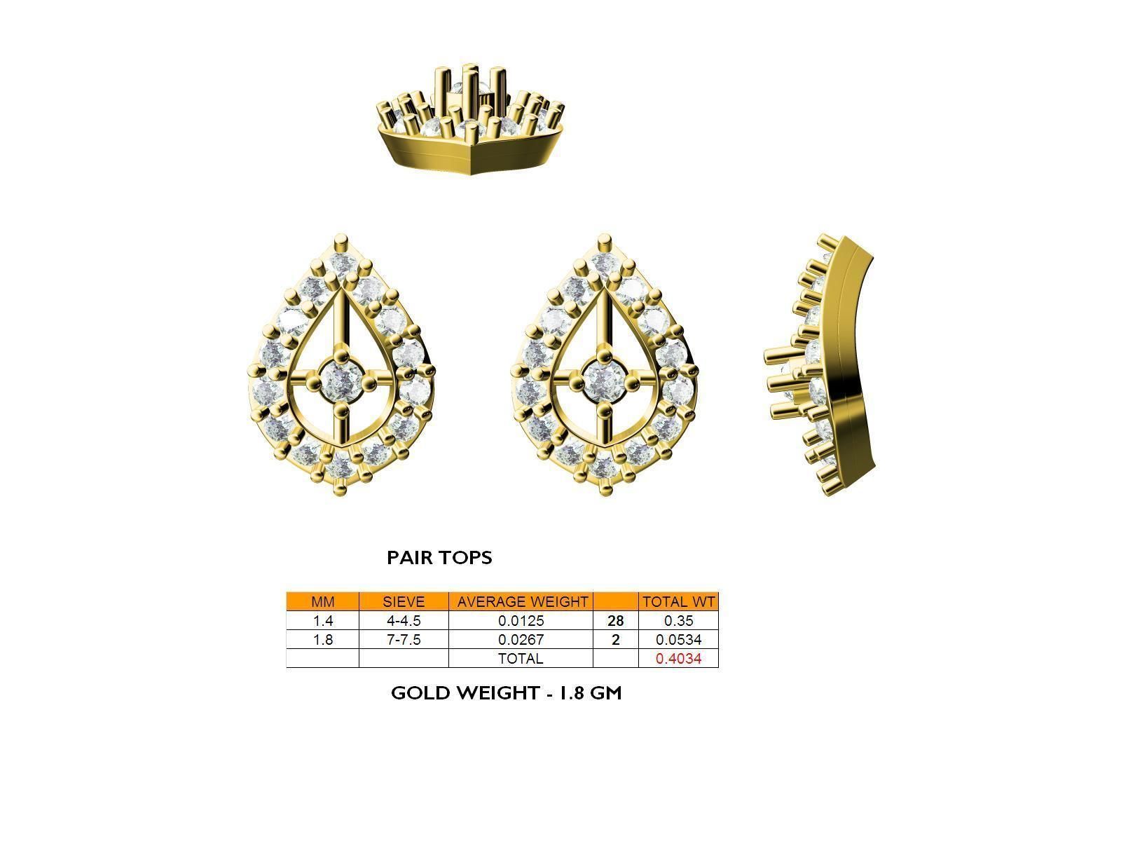 Drop Shaped Gold Ear Studs With Diamonds 4 3D print model_2
