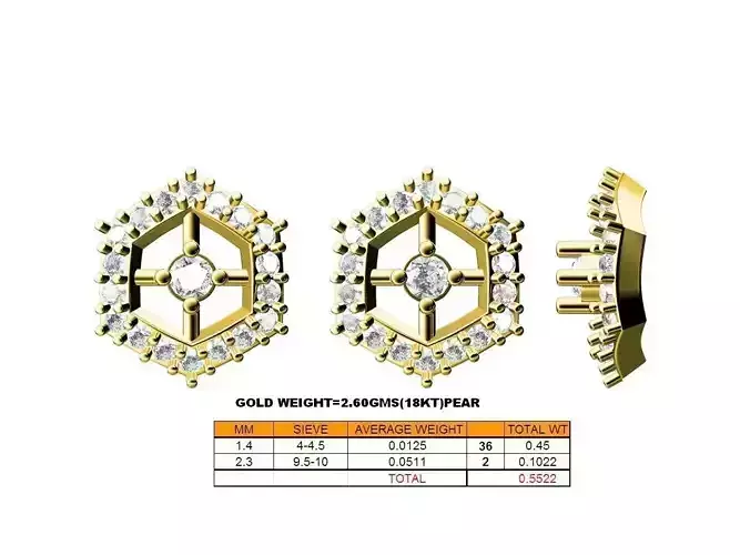 Hexagon Shaped Gold Ear Studs With Diamonds