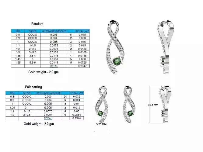 Silver Loop Pendant and Earrings With Emerald